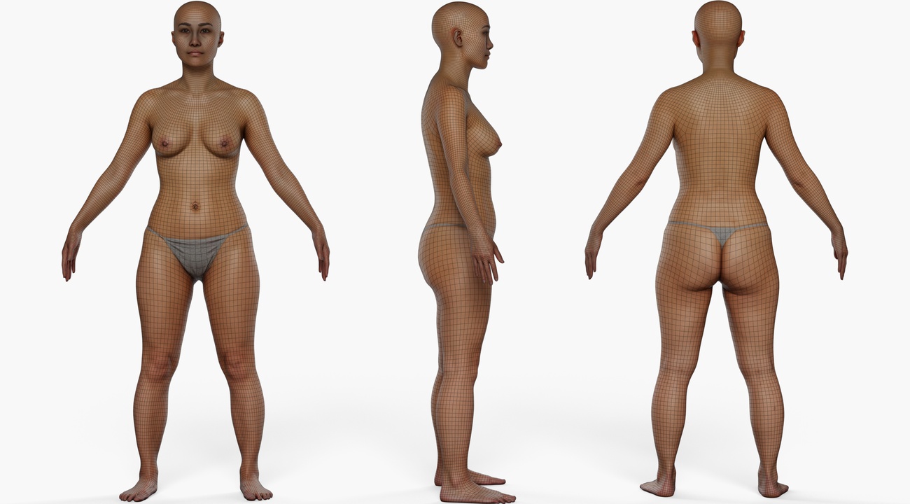 Wireframe topology overlay on a female 3D body scan showing clean quad mesh edge loops